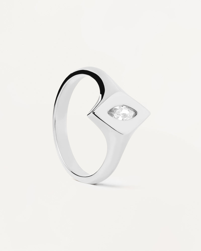 Sterling silver rhombus signet ring with oval white zirconia