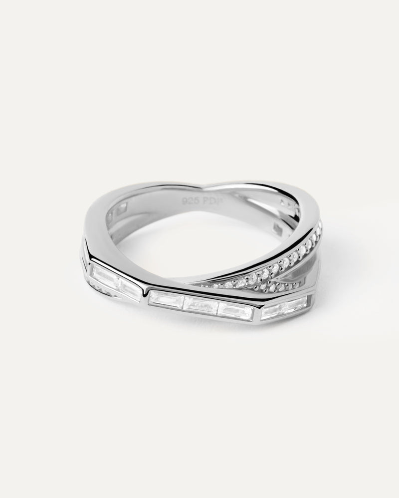 Gold-plated crossover triple band silver ring set with white zirconia