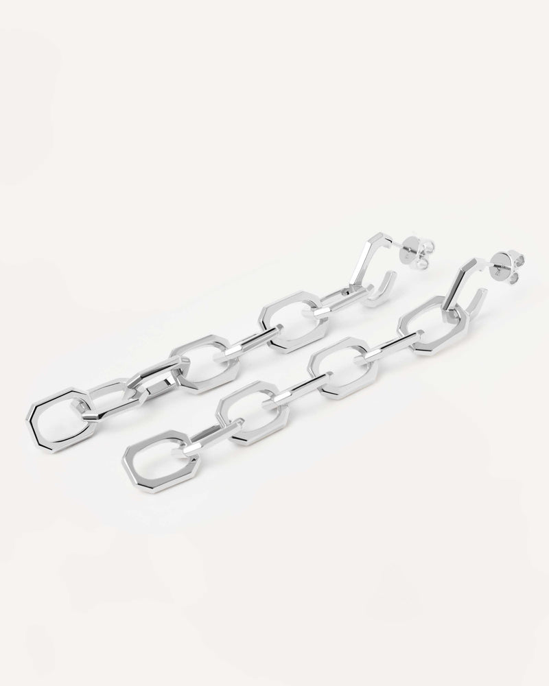Long cable chain earrings with octogonal links in silver rhodium plating