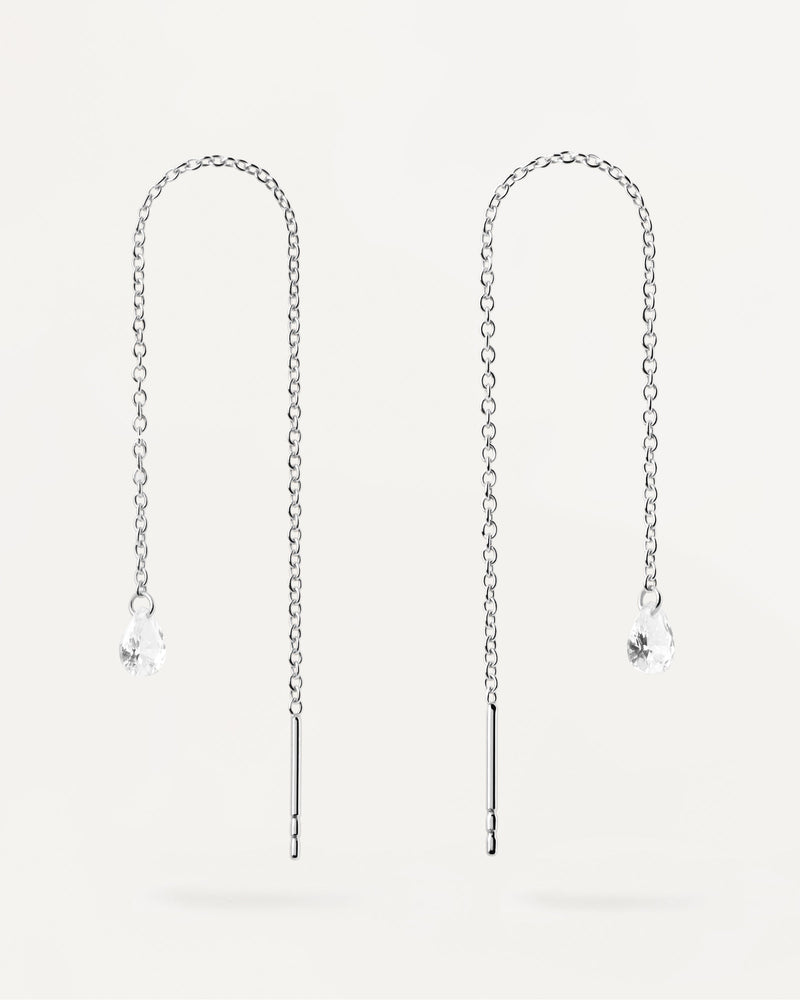 Long delicate earrings in sterling silver with drop zirconia pendant
