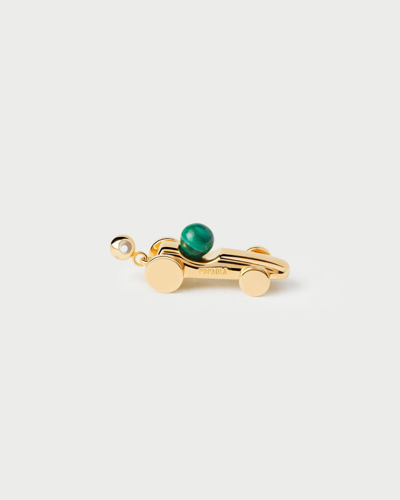 Small racing car charm accented with malachite gemstone to customize necklace or bracelet